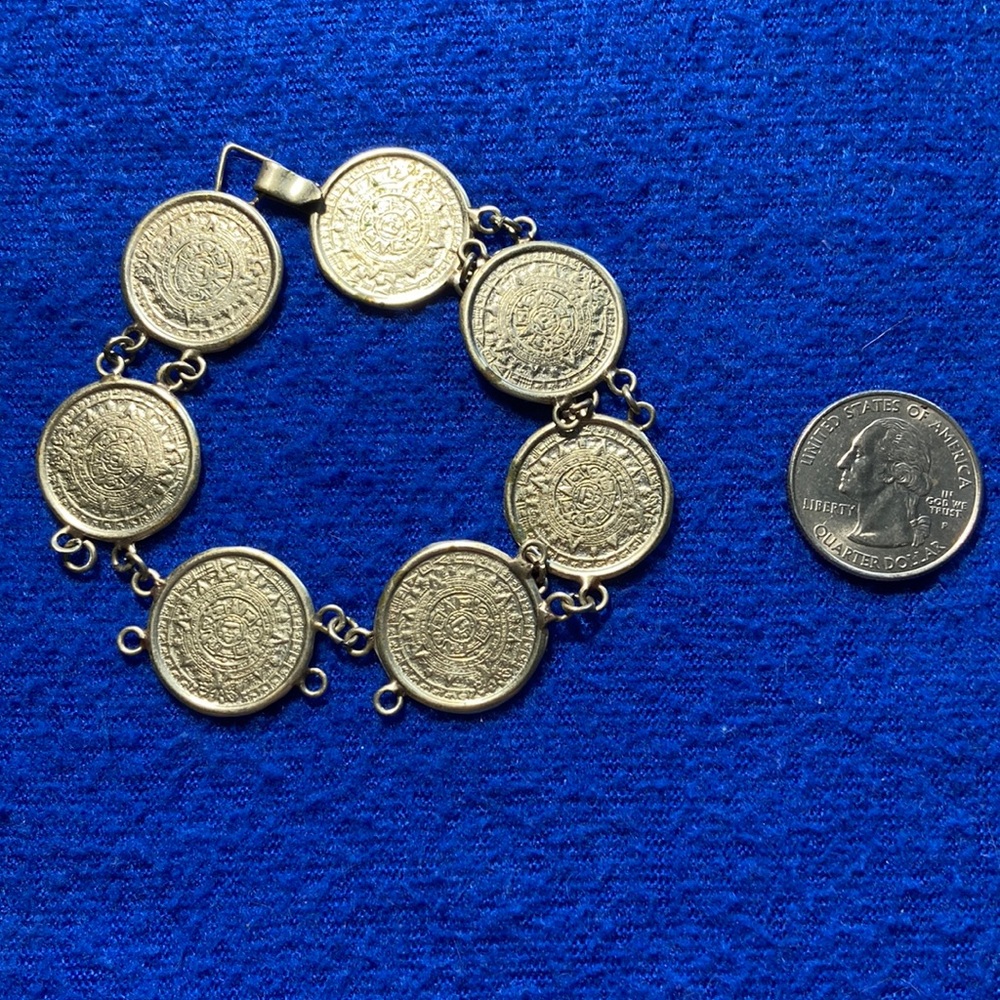 Vintage PACA Mexican Aztec Coin Bracelet Silver Tone